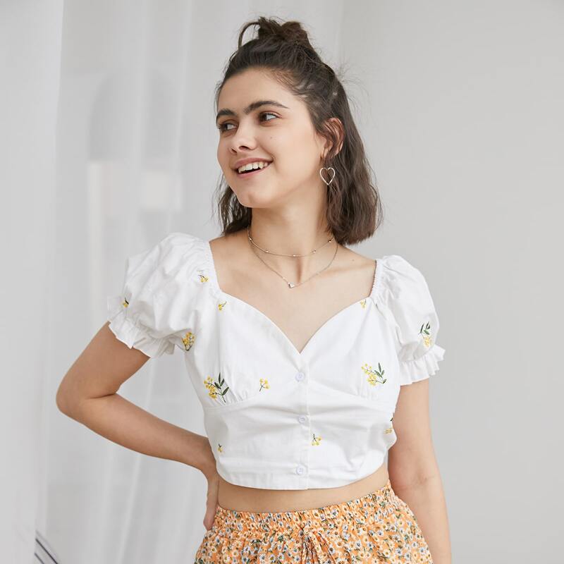 

Flower Embroidery Button Front Blouse, White