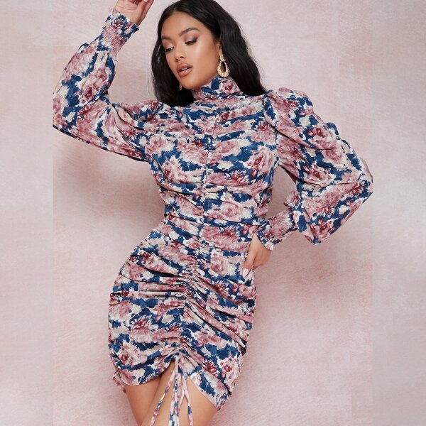 

Floral Print Ruched Drawstring Mini Dress, Multicolor