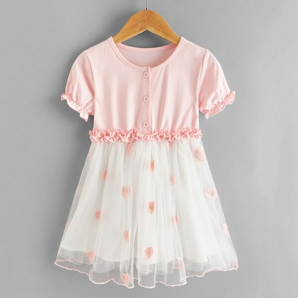 

Toddler Girls Heart Print Frill Trim Mesh Panel Dress, Multicolor