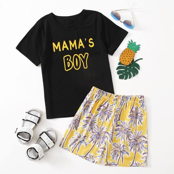 

Boys Letter Graphic Tee With Tropical Shorts, Multicolor