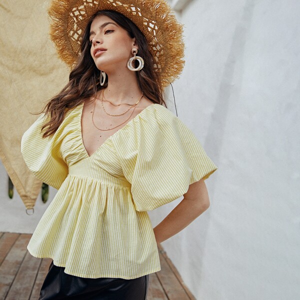 

Striped Tied Backless Ruffle Hem Top, Yellow