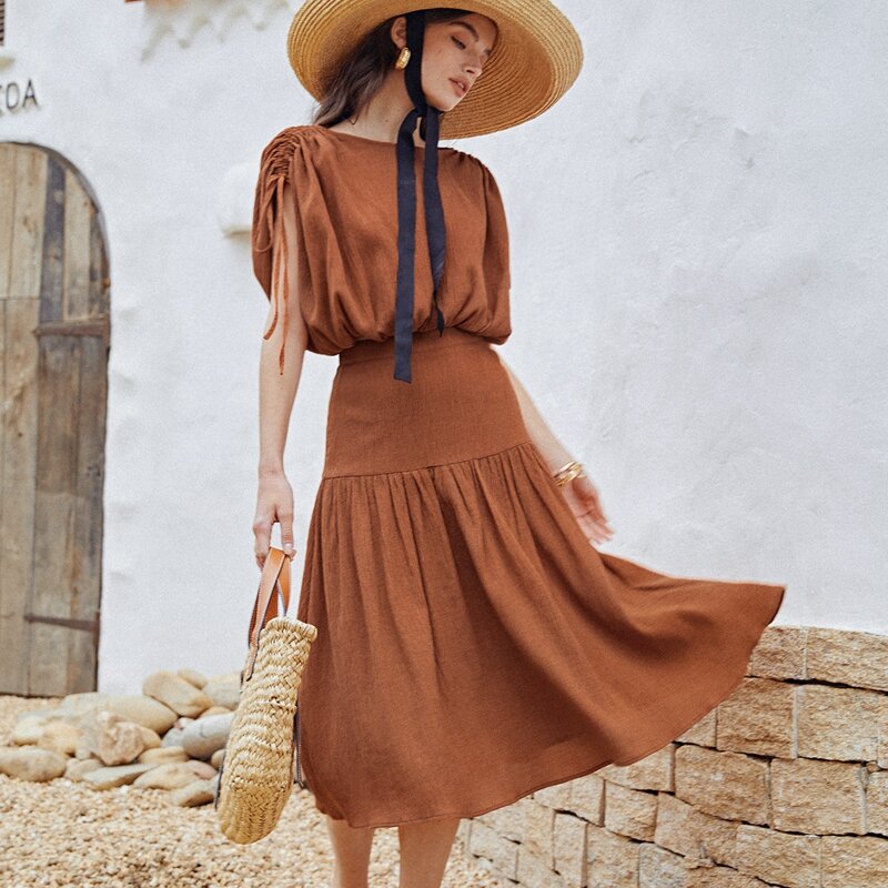 

Drawstring Cuff Top & Wide Waistband Skirt Set, Rust brown
