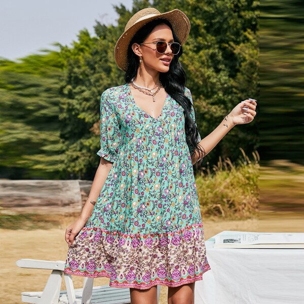 

Floral Tie Back Ruffle Hem Dress, Green