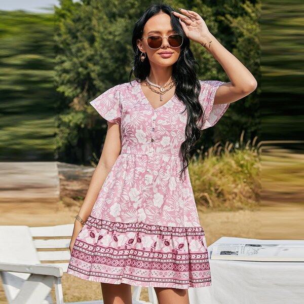 

Floral Button Front Ruffle Hem Babydoll Dress, Multicolor