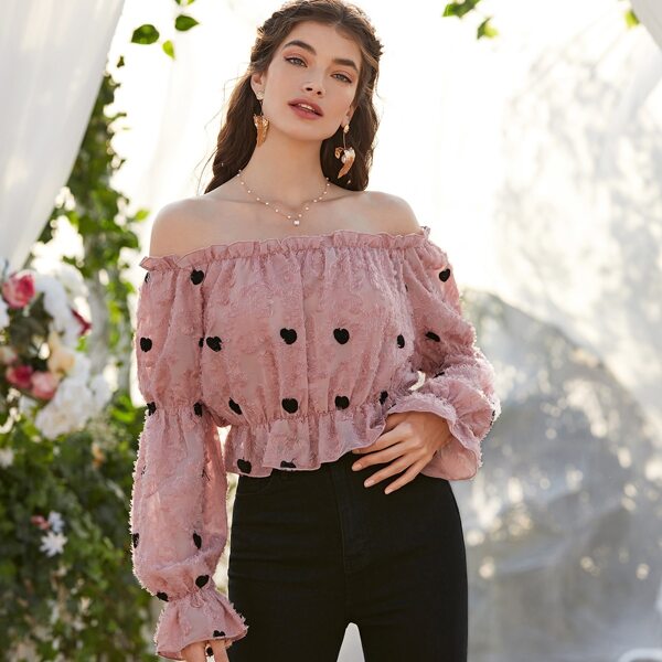 

Heart Embroidery Off the Shoulder Crop Blouse, Dusty pink