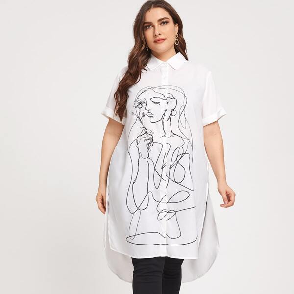 

Plus Figure Graphic High Low Blouse, White