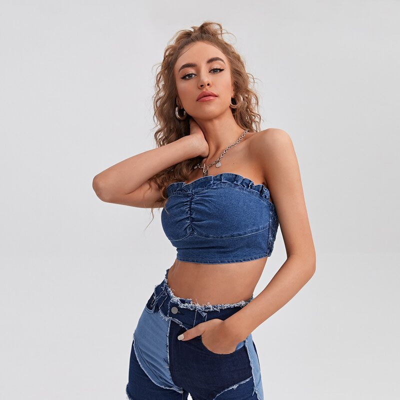 

Shirred Tube Denim Top, Medium wash