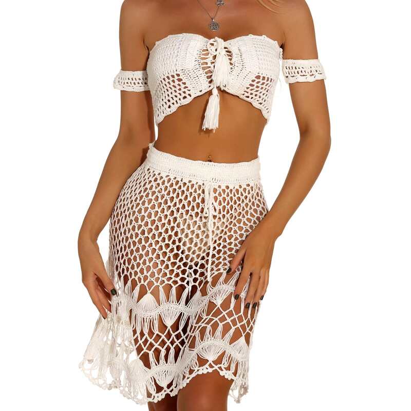 

Solid Tie Front Crochet Cover Up Skirt, White