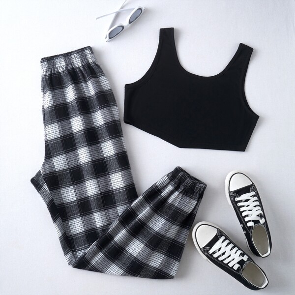 

Tank Top With Plaid Pants, Black and white