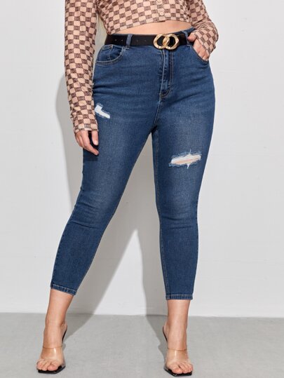 SHEIN プラス ベルトなし 穴あきスキニージーンズ プラス ハイストレッチ ベルトなし 穴あきスキニージーンズ
