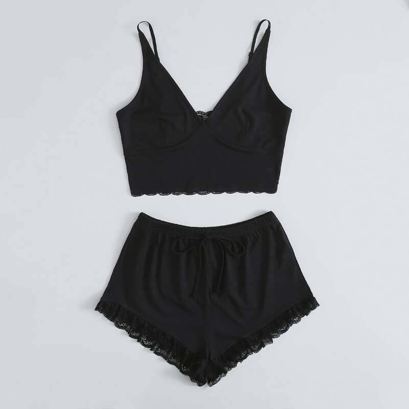 

Solid Lace Insert PJ Set, Black
