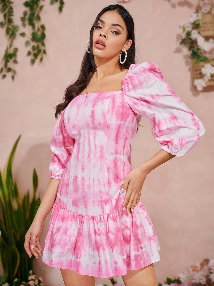 SHEIN Vestido de tie dye de cuello cuadrado - Multicolor - Ver 5