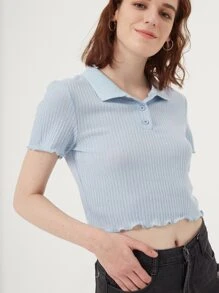 ROMWE Camiseta polo de canalé - Celeste - Ver 1