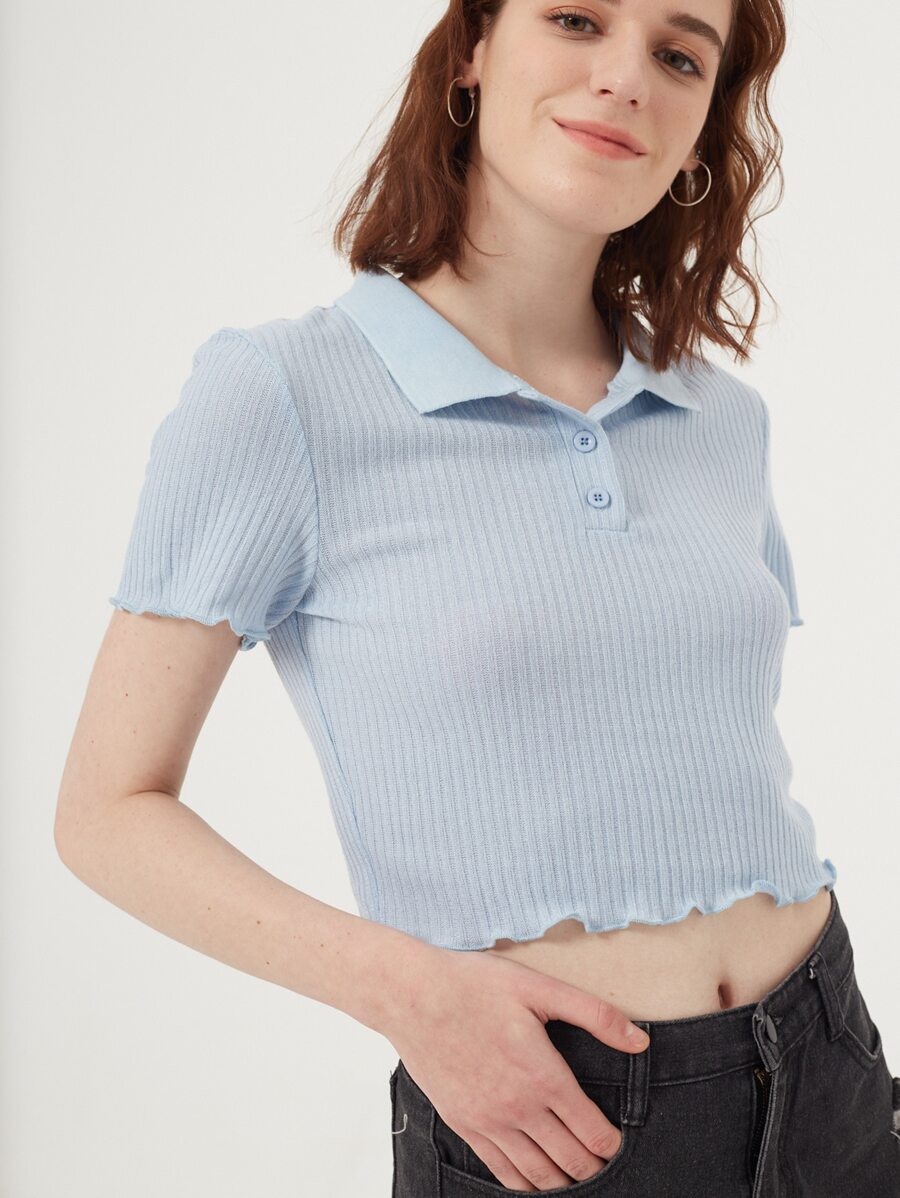 ROMWE Camiseta polo de canalé - Celeste - Ver 1