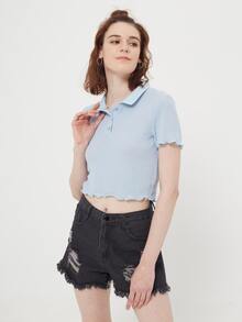 ROMWE Camiseta polo de canalé - Celeste - Ver 3