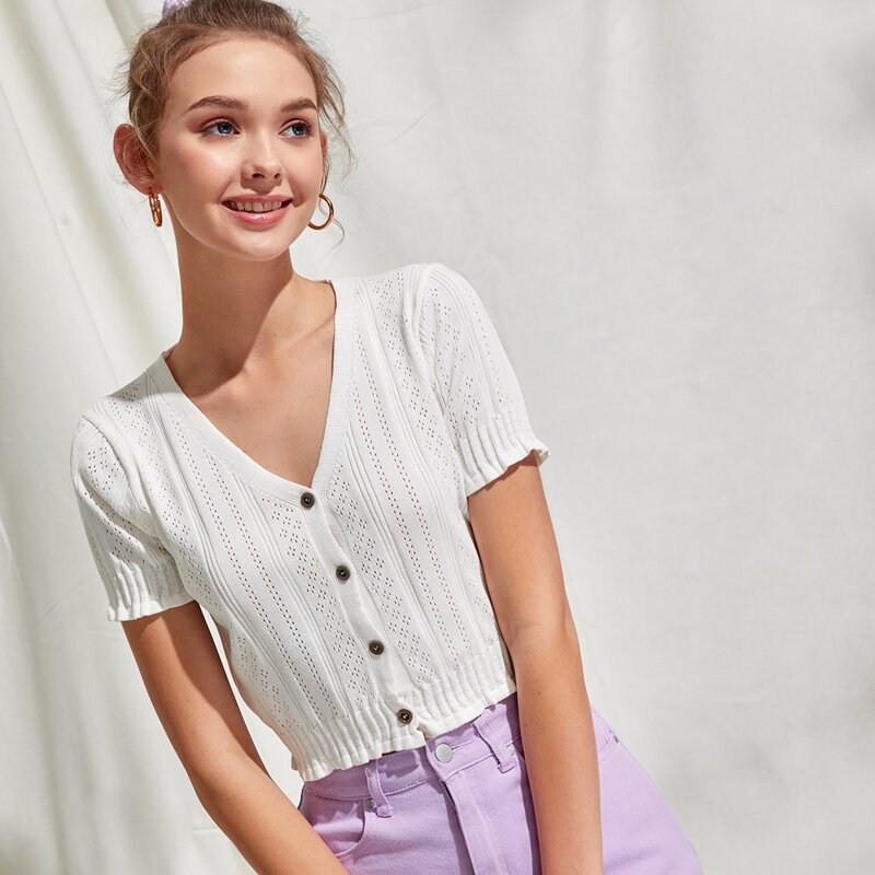 

Button Front Pointelle Cardigan, White