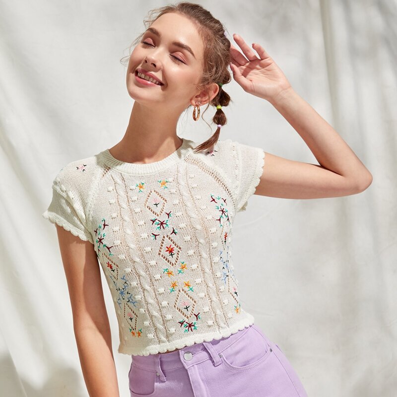 

Embroidery Cable Knit Top, White