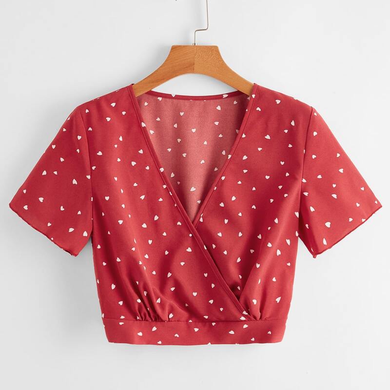 

Heart Print Surplice Crop Top, Red