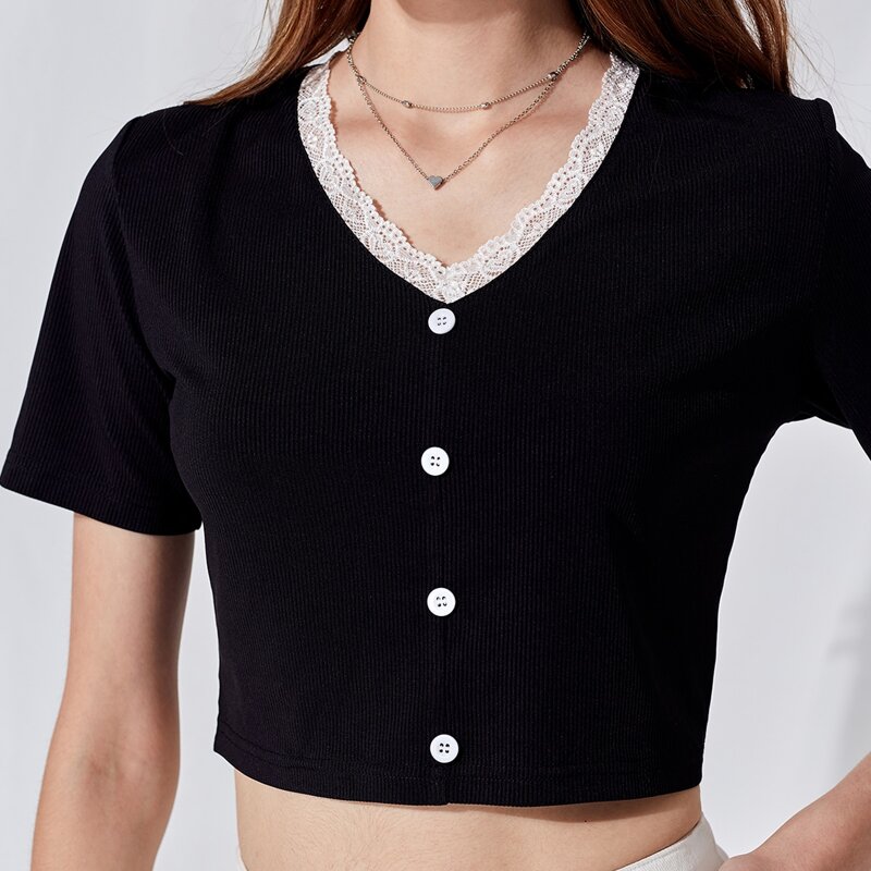 

Button Lace Trim Crop Tee, Black