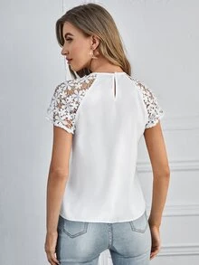 Solid Guipure Lace Panel Blouse - White - View 2