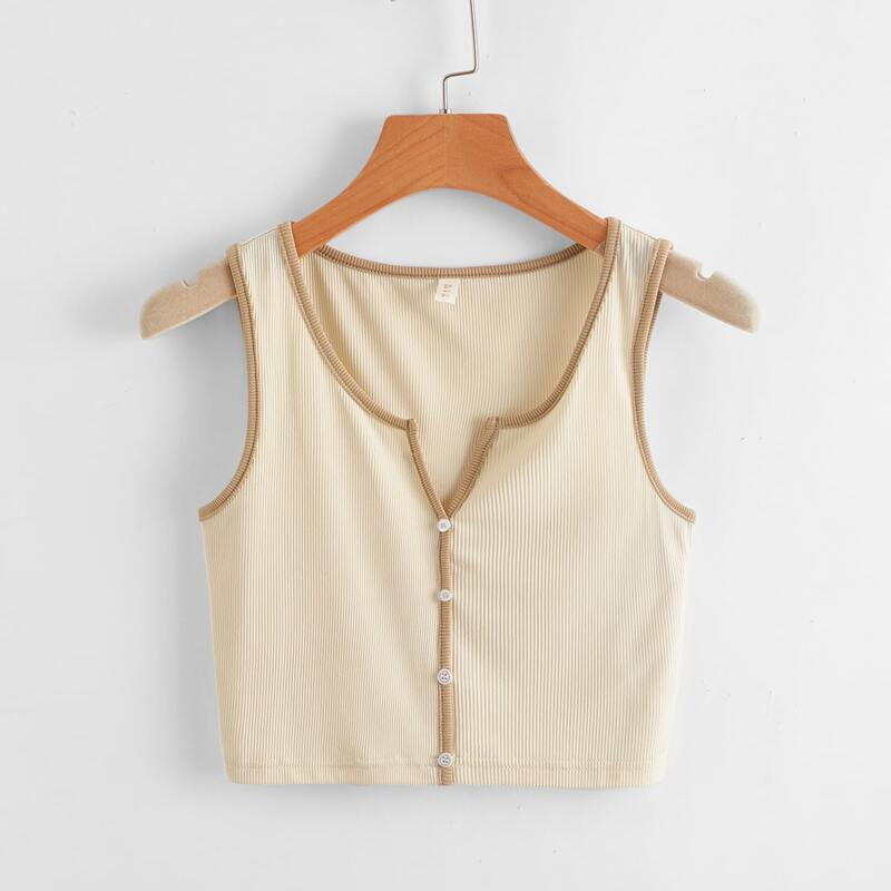 

Button Front Contrast Binding Tank Top, Beige