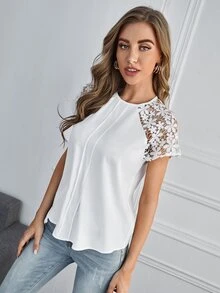 Solid Guipure Lace Panel Blouse - White - View 4