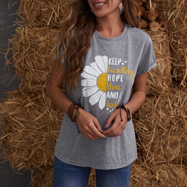 

Slogan and Floral Print Top, Grey