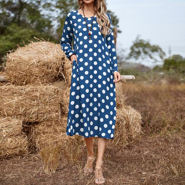 

Polka Dot Slant Pocket Tunic Dress, Blue and white