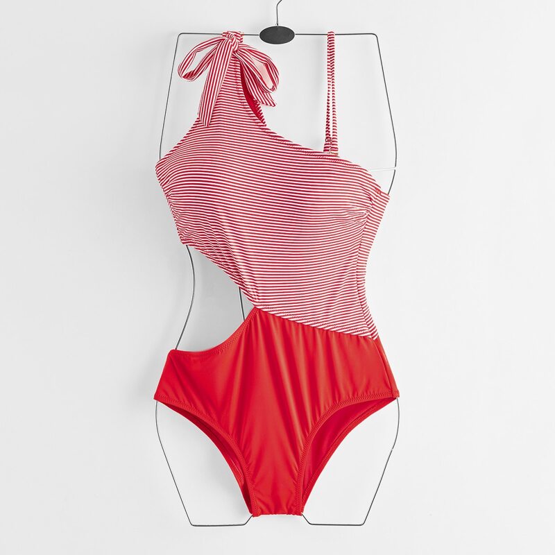 

Colorblock Striped Cut-out One Piece Swimsuit, Red