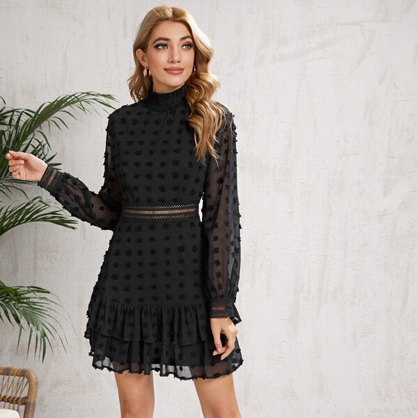 

Bishop Sleeve Swiss Dot Layered Dress, Black