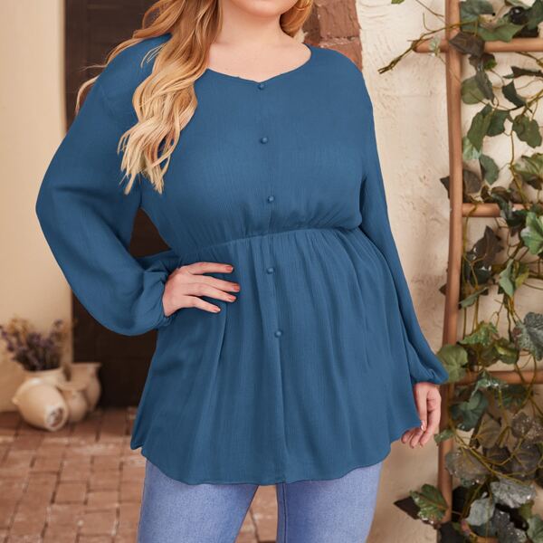 

Plus Lantern Sleeve Ruffle Hem Top, Dusty blue