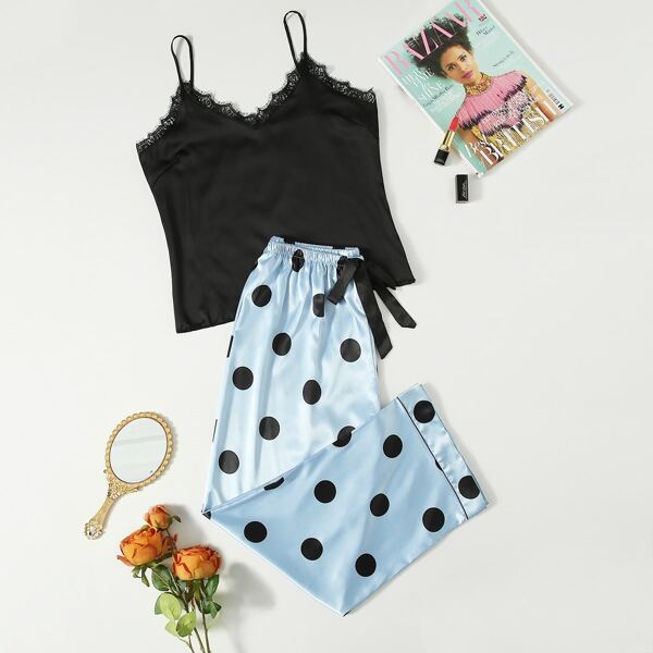 

Plus Satin Polka Dot Contrast Eyelash Lace Cami Pajama Set, Multicolor