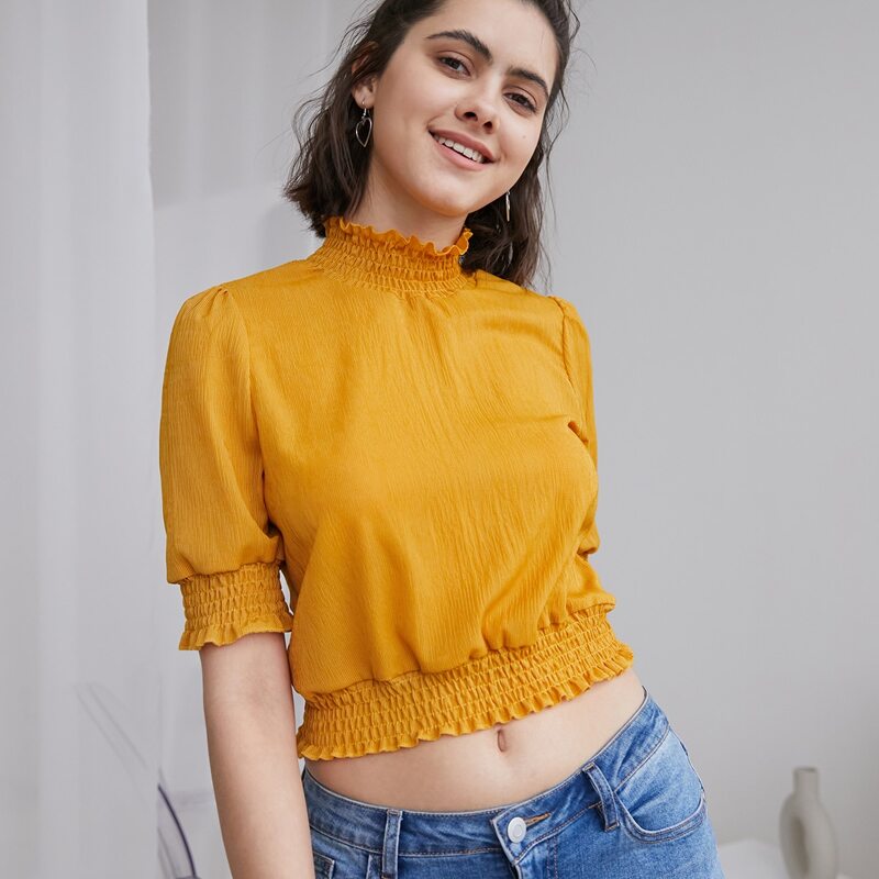 

Ruffle Neck Crop Top, Mustard yellow