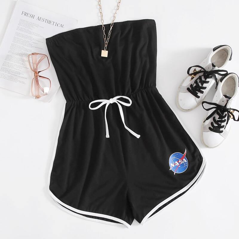 

Contrast Binding Letter Graphic Tube Romper, Black