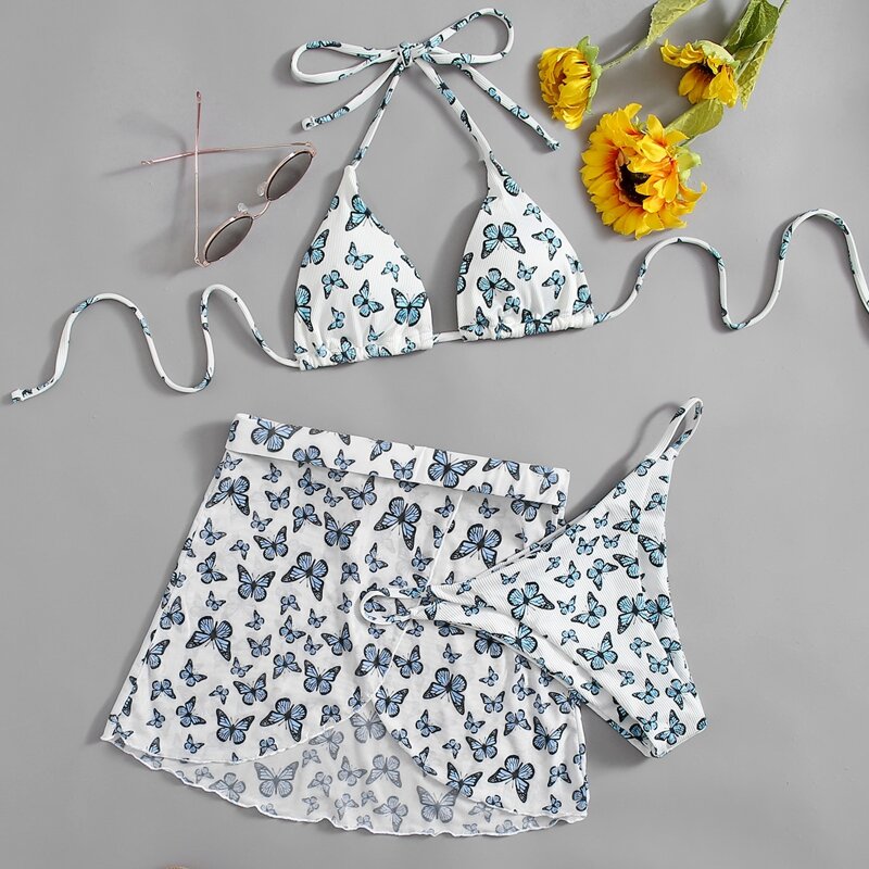 

Butterfly Print Bikini Swimsuit & Split Skirt, Multicolor