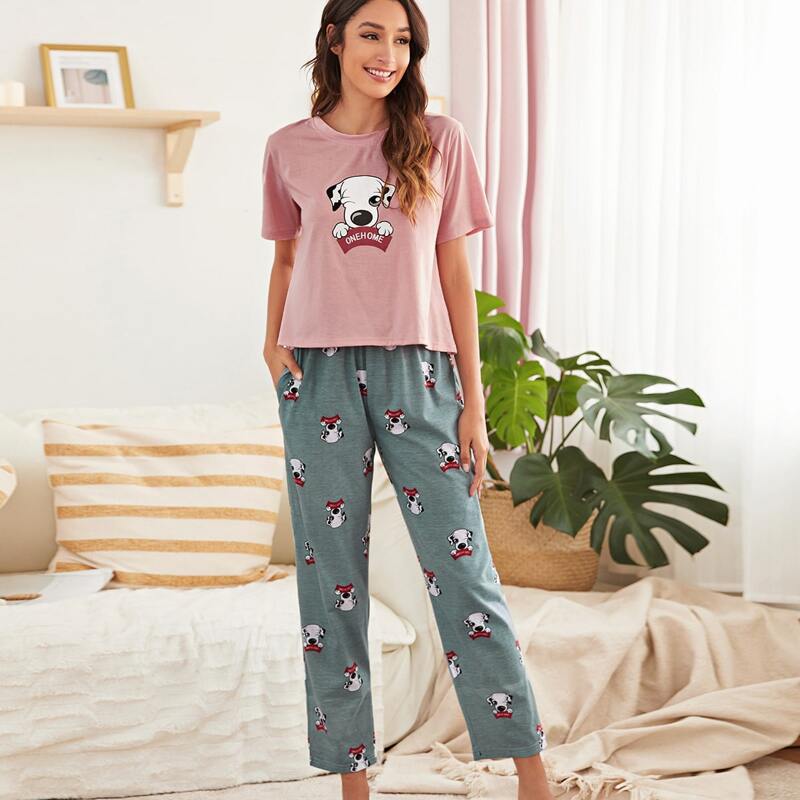 

Cartoon Graphic Tee & Pants Pajama Set, Multicolor