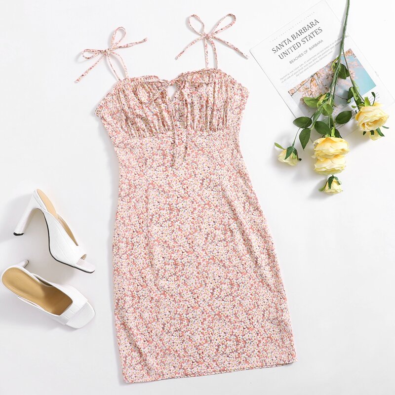 

Tie Shoulder Ruched Bust Ditsy Floral Dress, Multicolor