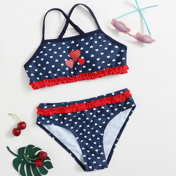 

Girls Heart Print Frill Trim Bikini Swimsuit, Multicolor