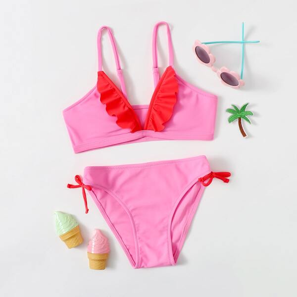 

Girls Ruffle Hem Bikini Swimsuit, Pink