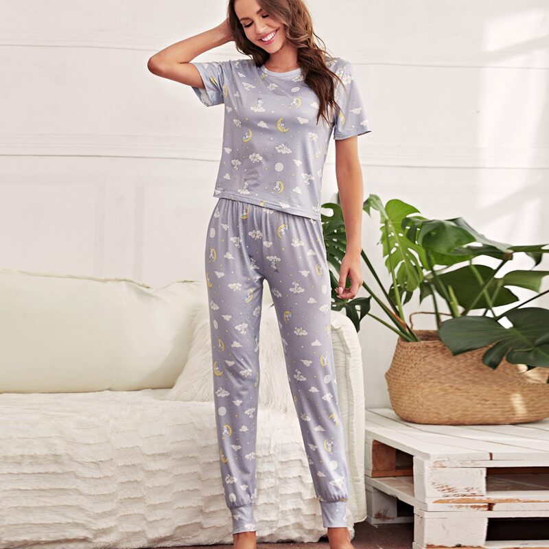

Mouse And Galaxy Print Pajama Set, Light grey