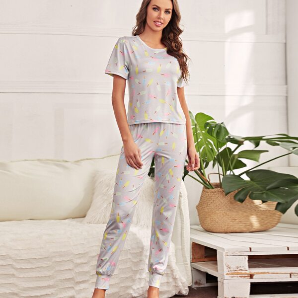 

Ice Cream Print Pajama Set, Light grey