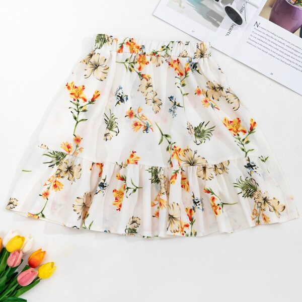 

Floral Print Ruffle Hem Skirt, Multicolor
