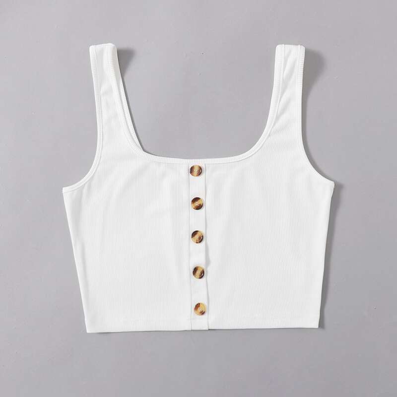 

Button Crop Tank Top, White