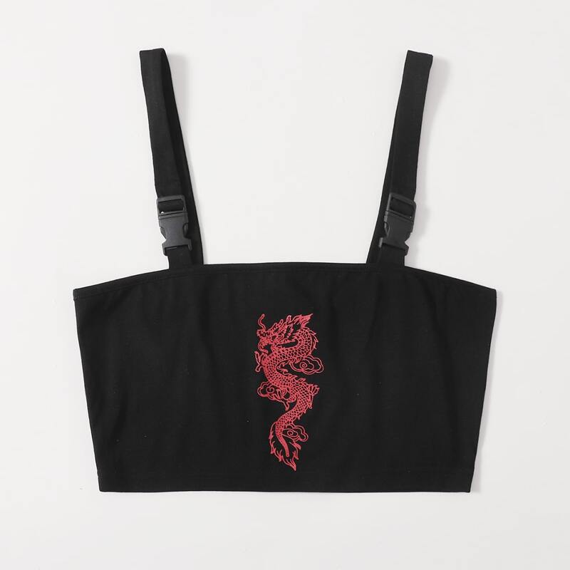 

Buckle Strap Chinese Dragon Crop Cami, Black