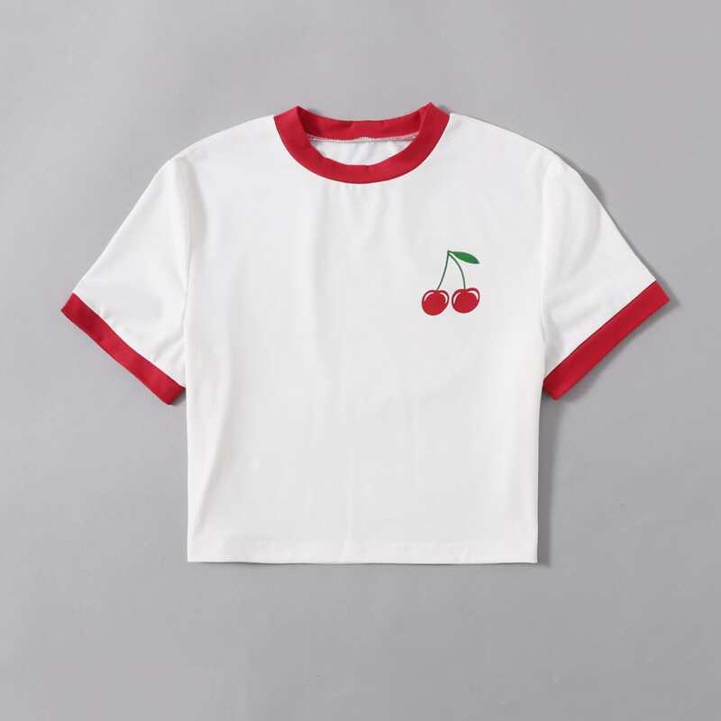 

Cherry Print Ringer Crop Tee, White