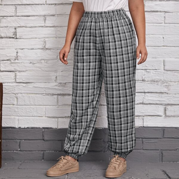 

Plus Tartan Plaid Elastic Waist Pants, Multicolor