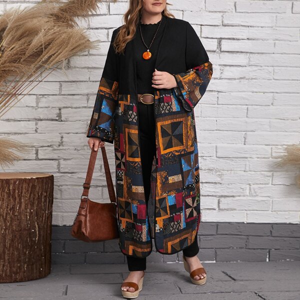 

Plus Geo Print Open Front Kimono, Multicolor
