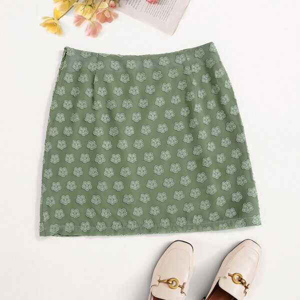 

Floral Pattern Zip Side Skirt, Green