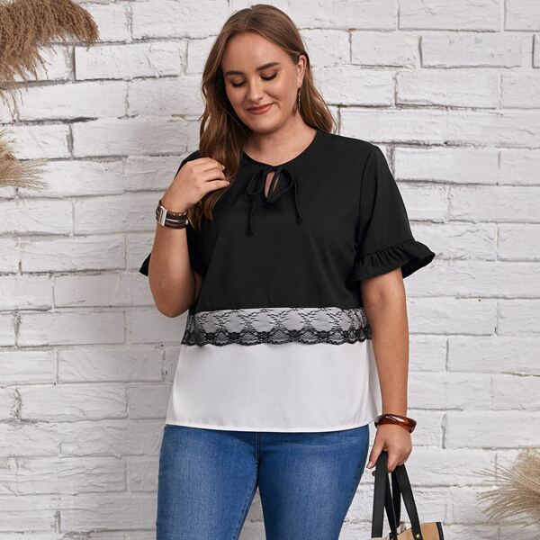 

Plus Tie Neck Contrast Lace Blouse, Black and white