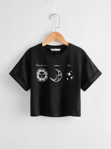 SHEIN Girls Letter & Sun Print Tee - Black - View 1